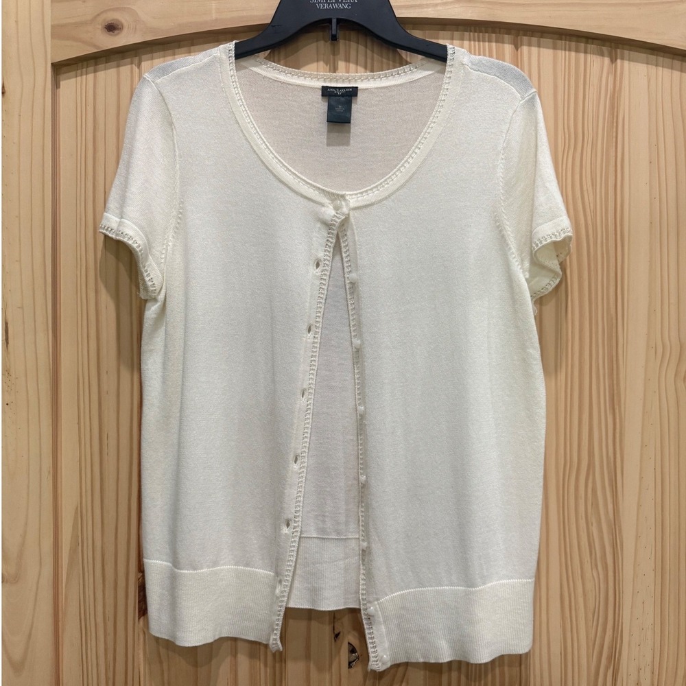 Ann Taylor Cream White 100% Cotton Short Sleeve Button Front Cardigan Medium